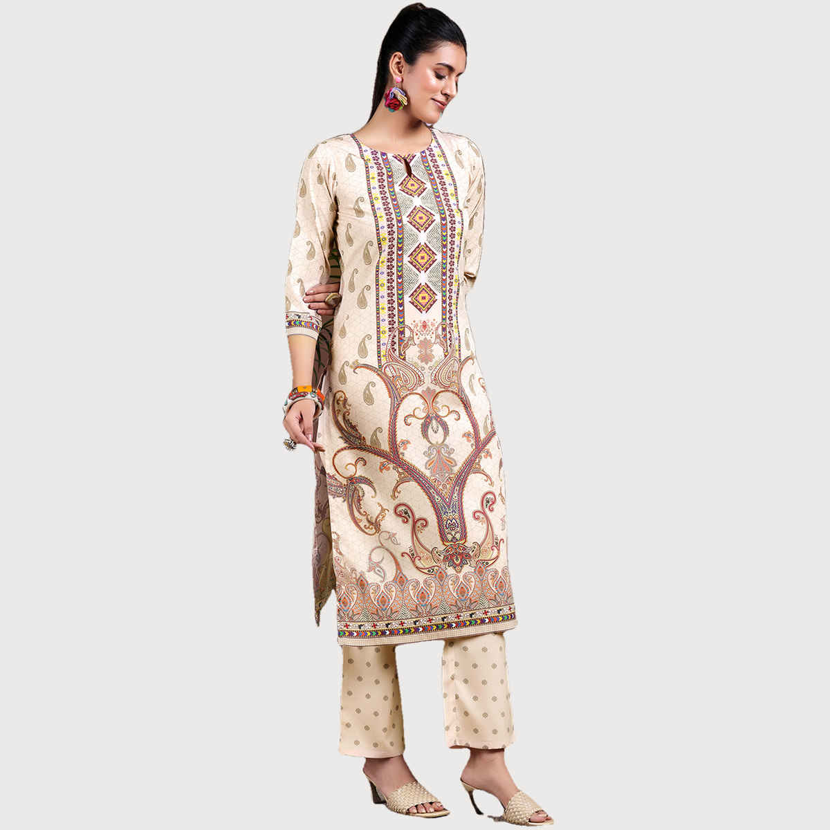 Libas Women's Printed Poly Crepe Straight Kurta Set | Beige - S