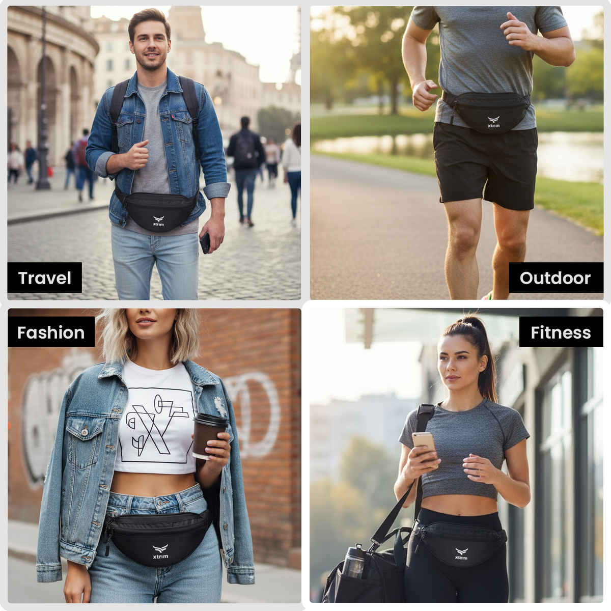 Unisex Waist Bag for Travelling, Gym and Outings with 3 Pockets
