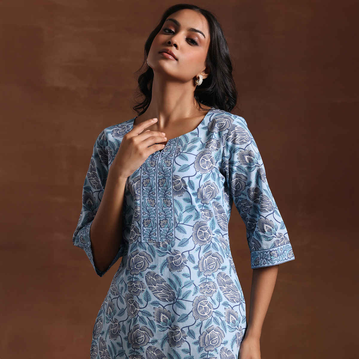 Libas Women's Printed Cotton Straight Kurti | Blue - XL