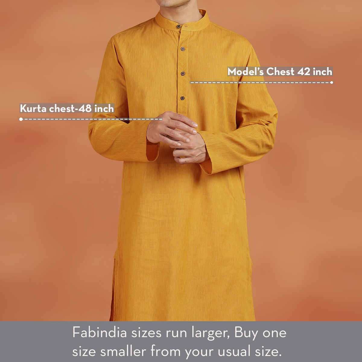 Fabindia Men's Cotton Slim Fit Long Kurta | Yellow - L