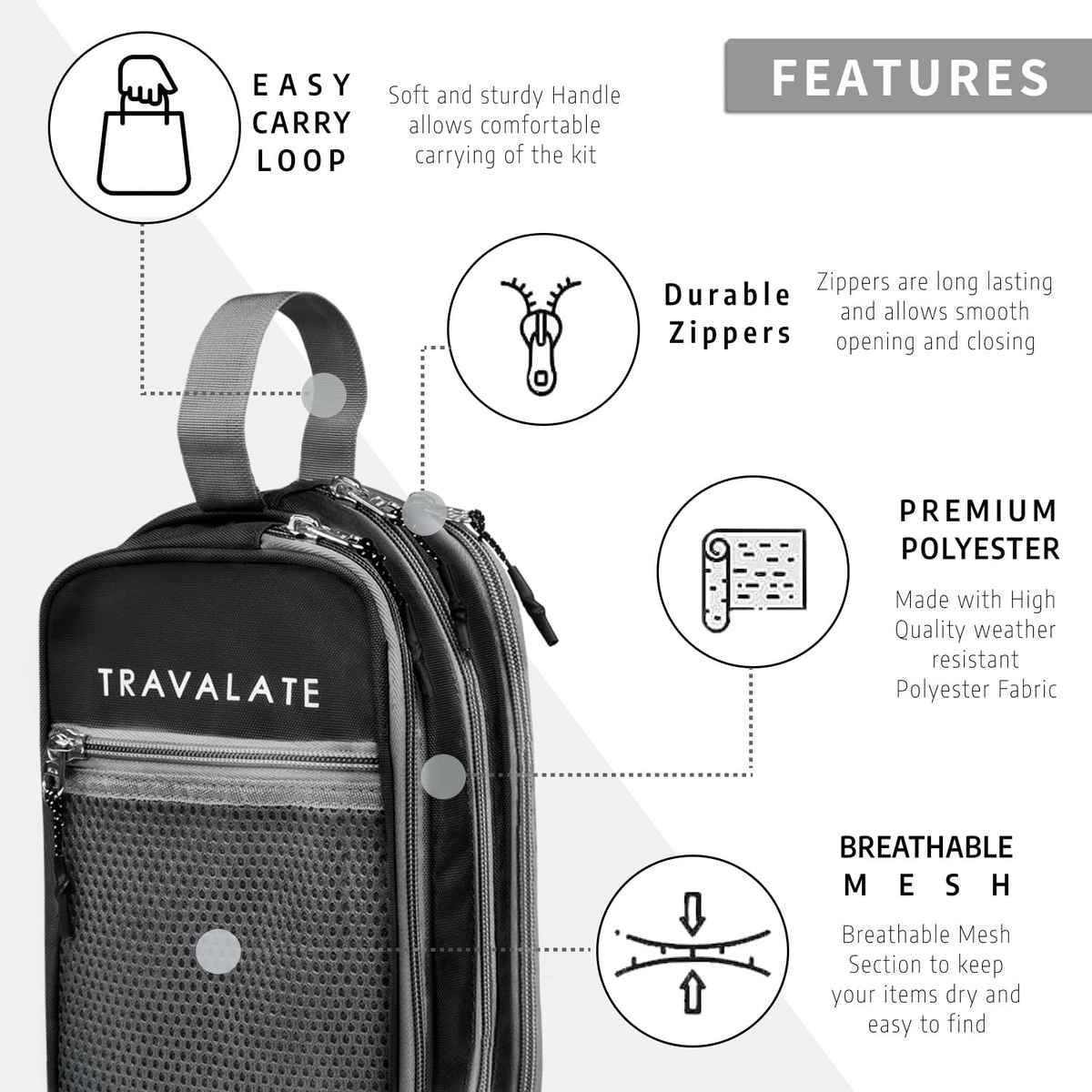 TRAVALATE Three Compartment Travel Toiletry Kit | Black