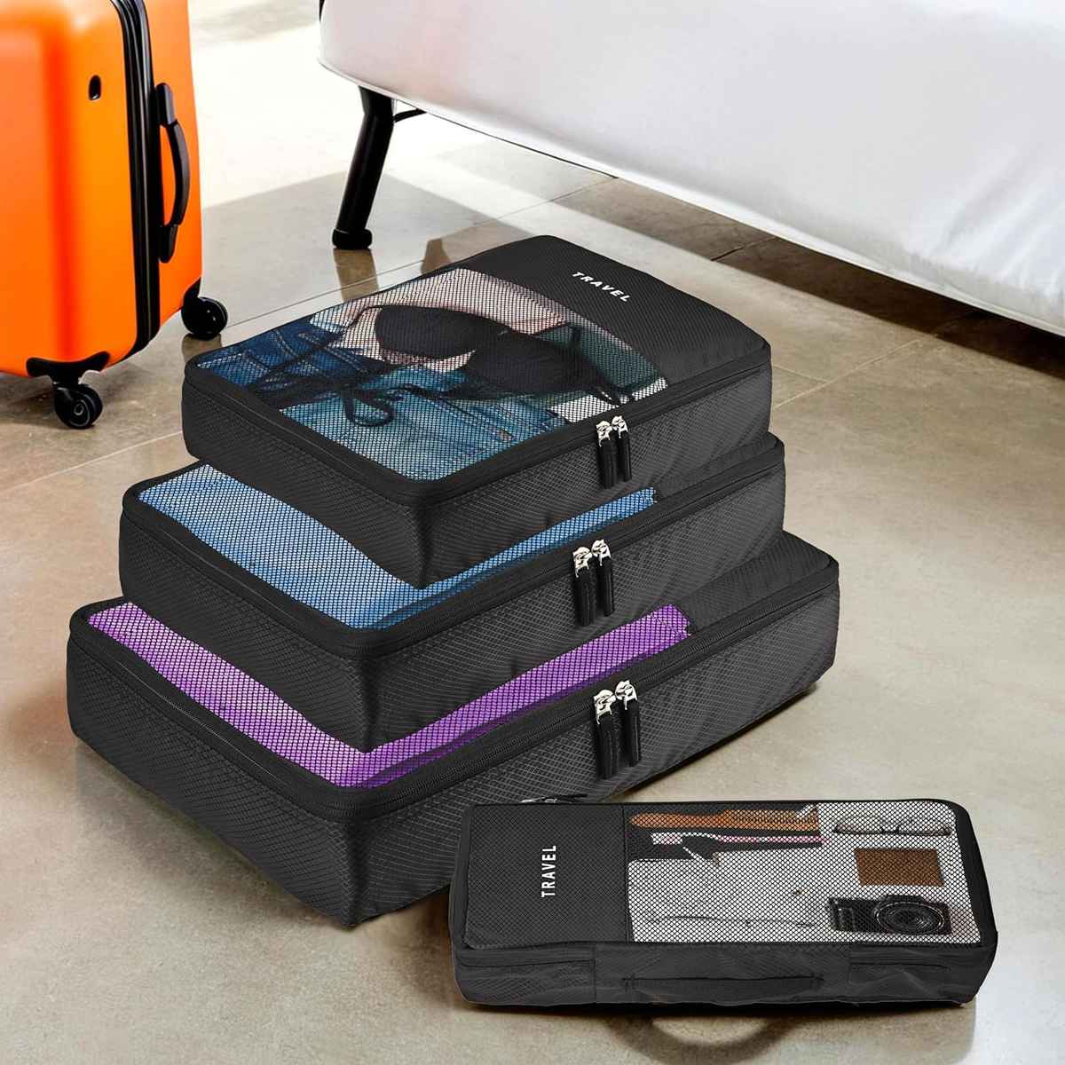 Kuber Industries Packing Cubes | Travel Mesh Suitcase Organizer Bags | Black