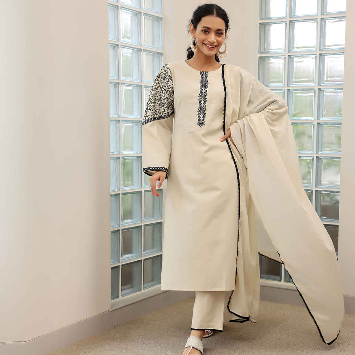 Libas Solid Cotton Blend Straight Suit With Dupatta | 27640H | Beige - M