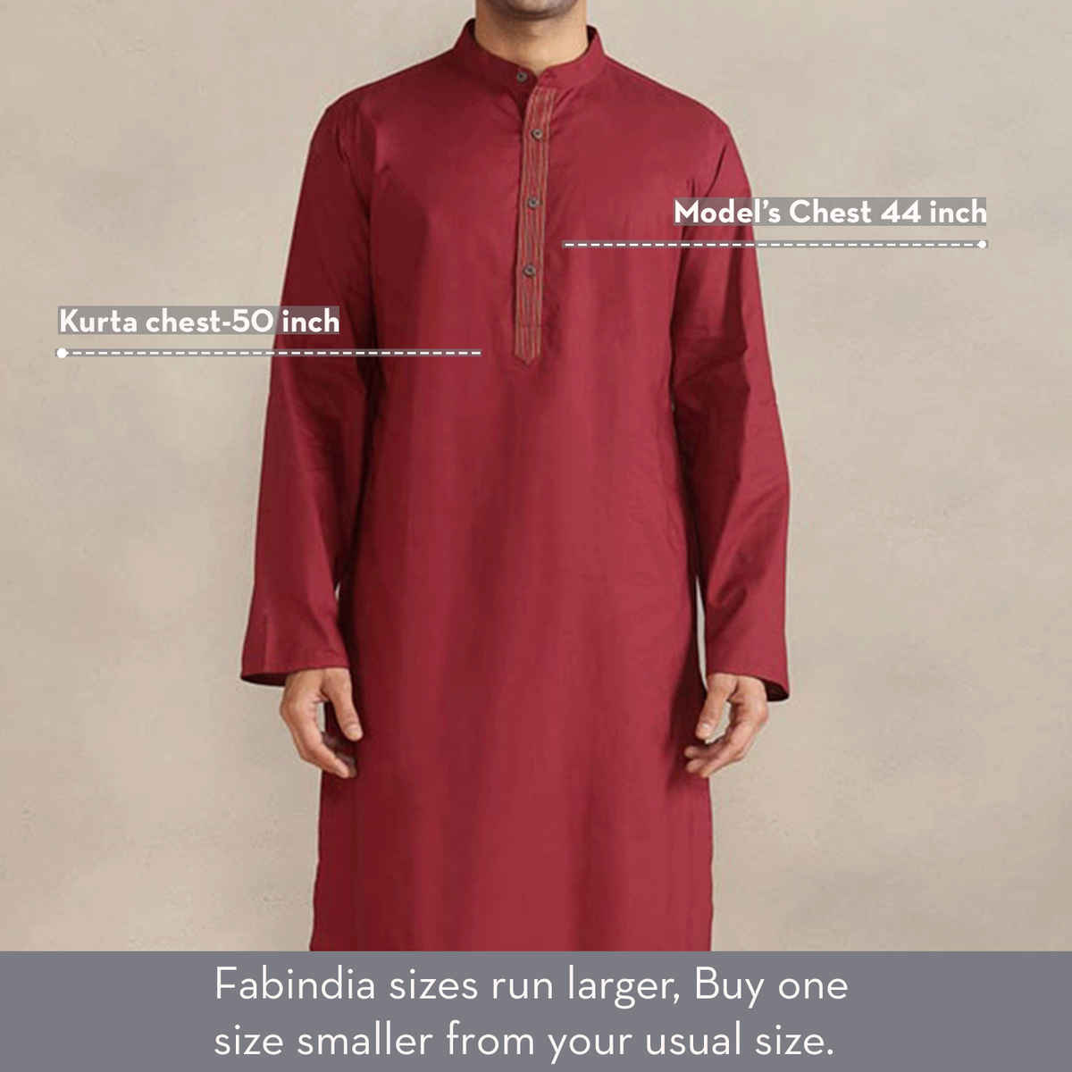 Fabindia Men's Cotton Slim Fit Long Kurta | Maroon - XL