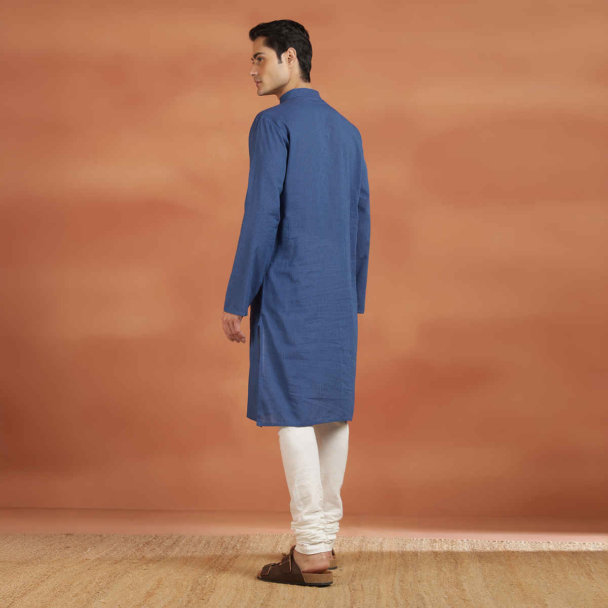 Fabindia Men's Cotton Slim Fit Long Kurta | Blue - L