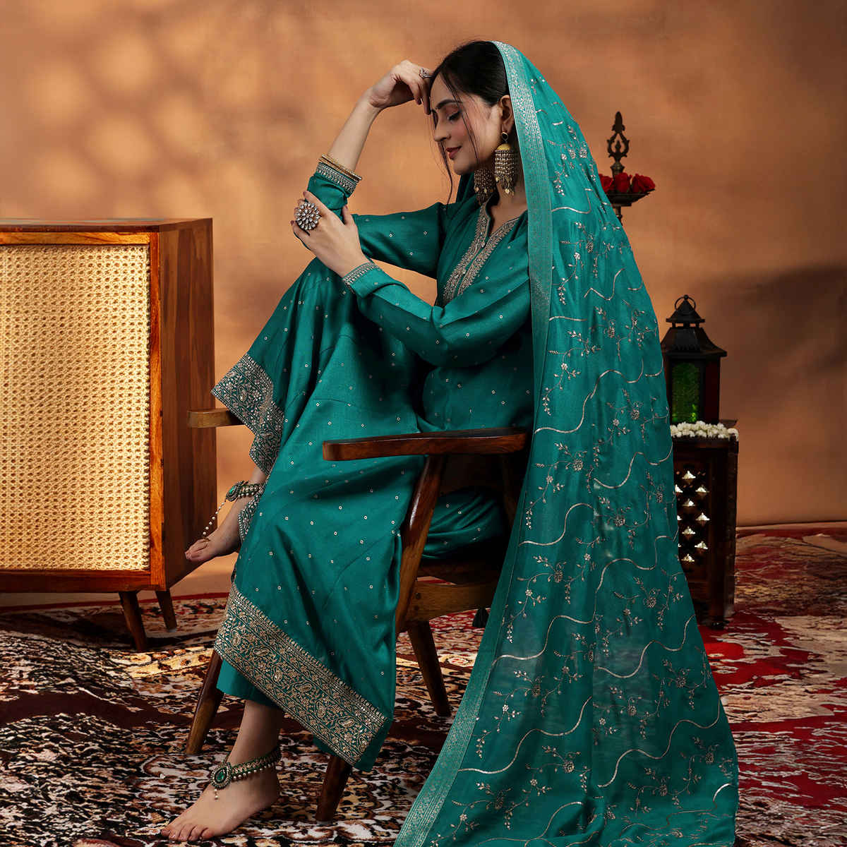 Libas Rama Embroidered Silk Blend Anarkali Suit With Dupatta | 27891H | Green - L