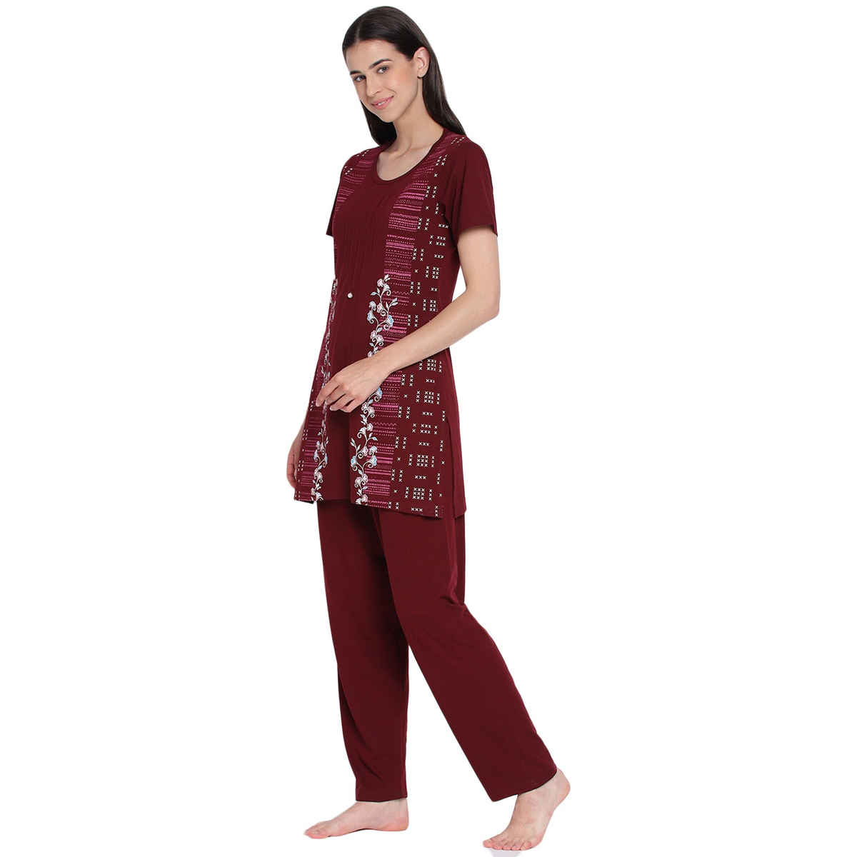 Duchess Women s Cotton Regular Fit Printed & Embroided Long Length Night Suit Set | Maroon | 3XL