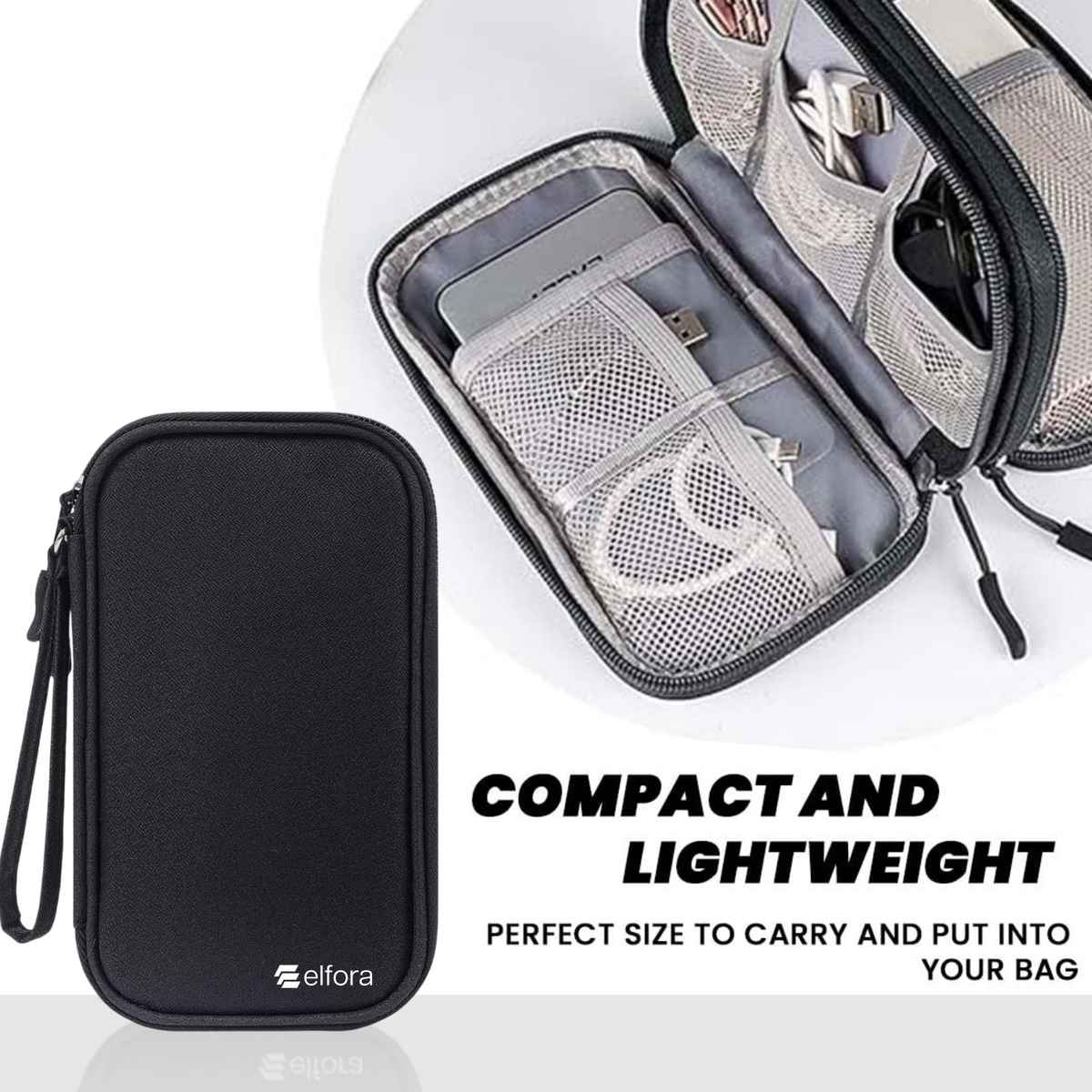 Elfora Cable Organizer Pouch Double Layer Travel Storage for Cables Chargers Power Bank | Black