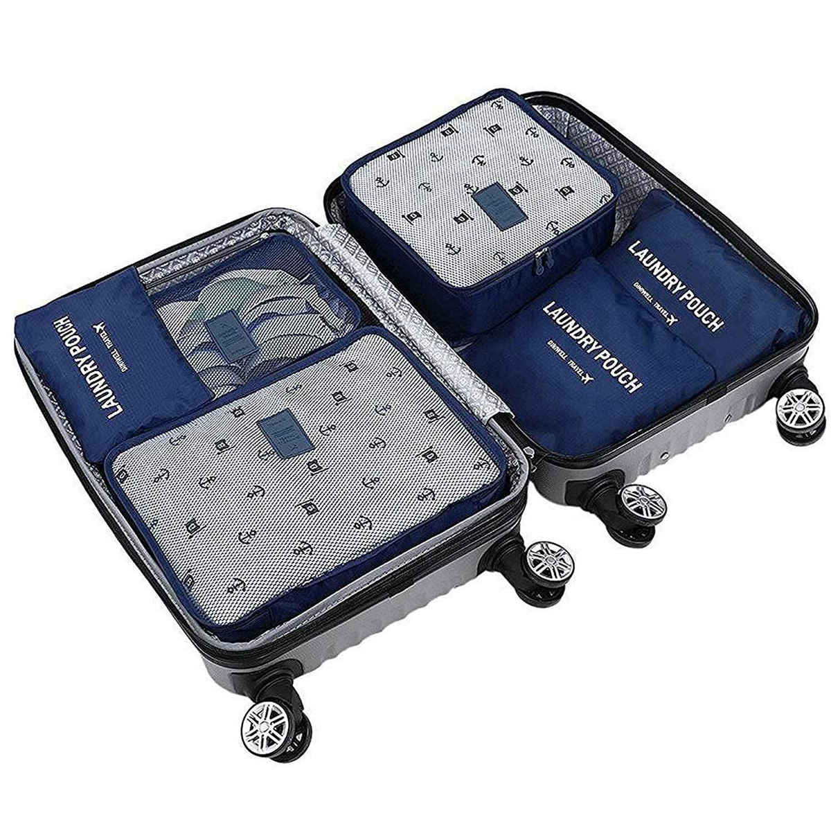 Awestuffs 6 pcs Luggage Compression Pouches, Laundry Bags and Digital Pouch | Navy Blue