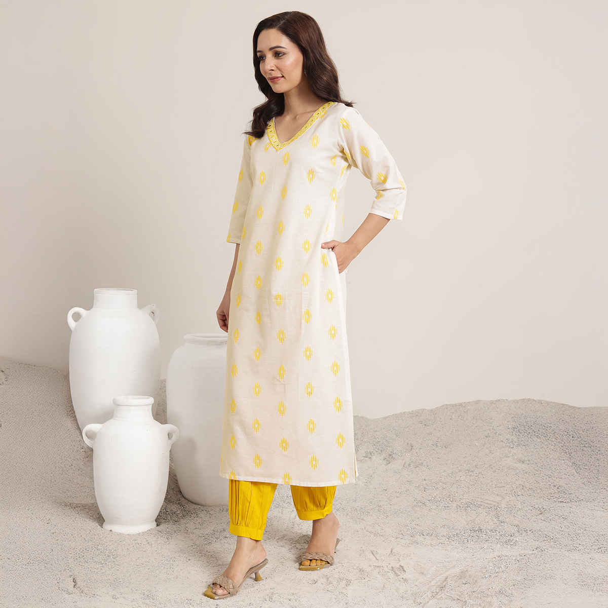 Libas Women's Woven Design Cotton Blend Straight Suit Set with Dupatta | Off white - L