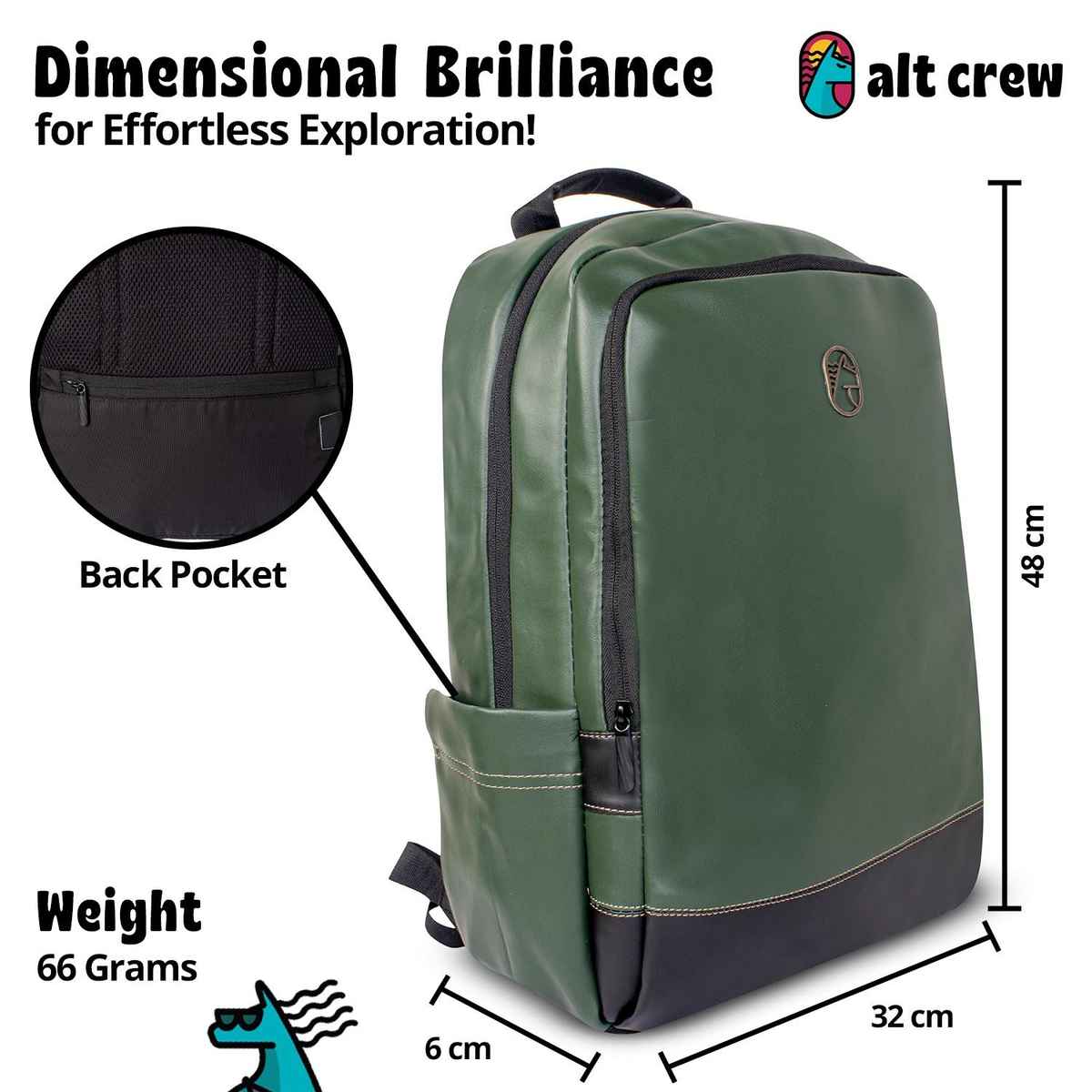 Alt Crew Unisex Synthetic Leather 28 L Laptop Bag with Cushioned Back Support | Olive Green