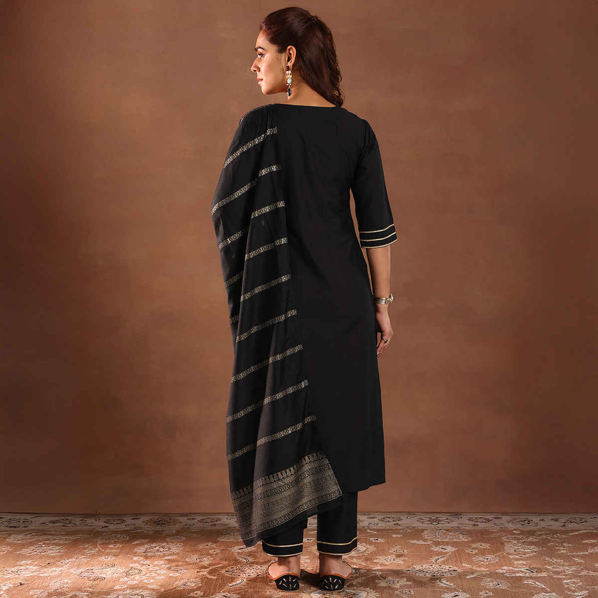 Libas Women's Solid Silk Blend Straight Suit Set with Dupatta | Black - L