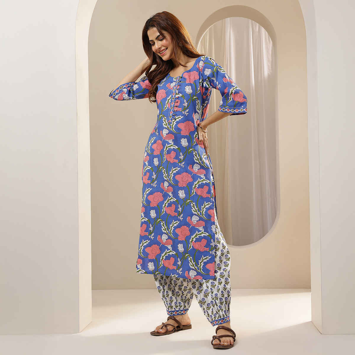 Libas Women's Printed Cotton Straight Suit Sets with Dupatta | Blue - XL