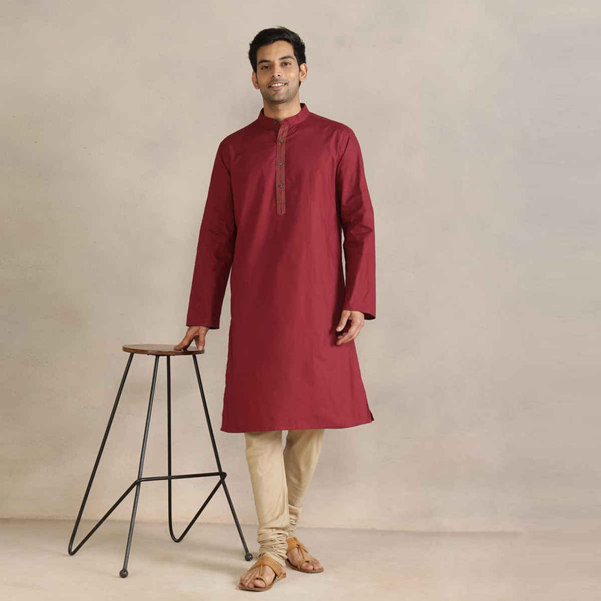 Fabindia Men's Cotton Slim Fit Long Kurta | Maroon - XL