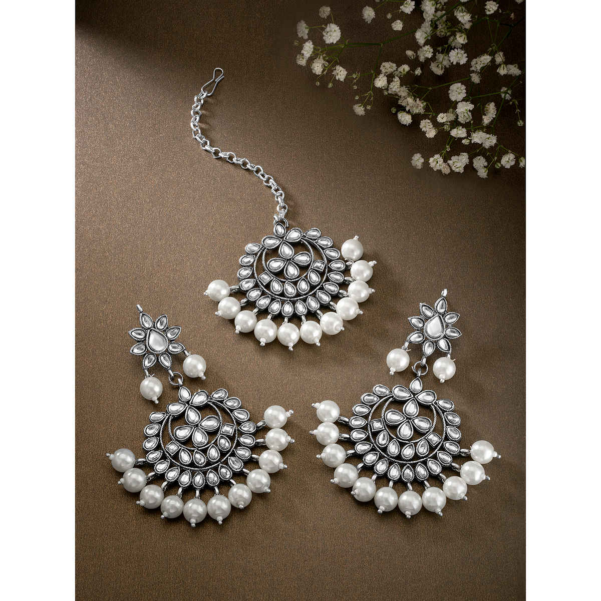 Peora Gold Plated Kundan Faux Pearl Chandbali Earring Maang Tikka Set | PF37TE7058RW