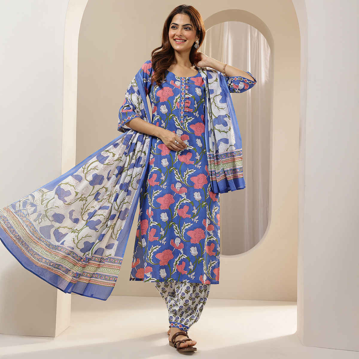 Libas Women's Printed Cotton Straight Suit Sets with Dupatta | Blue - XL