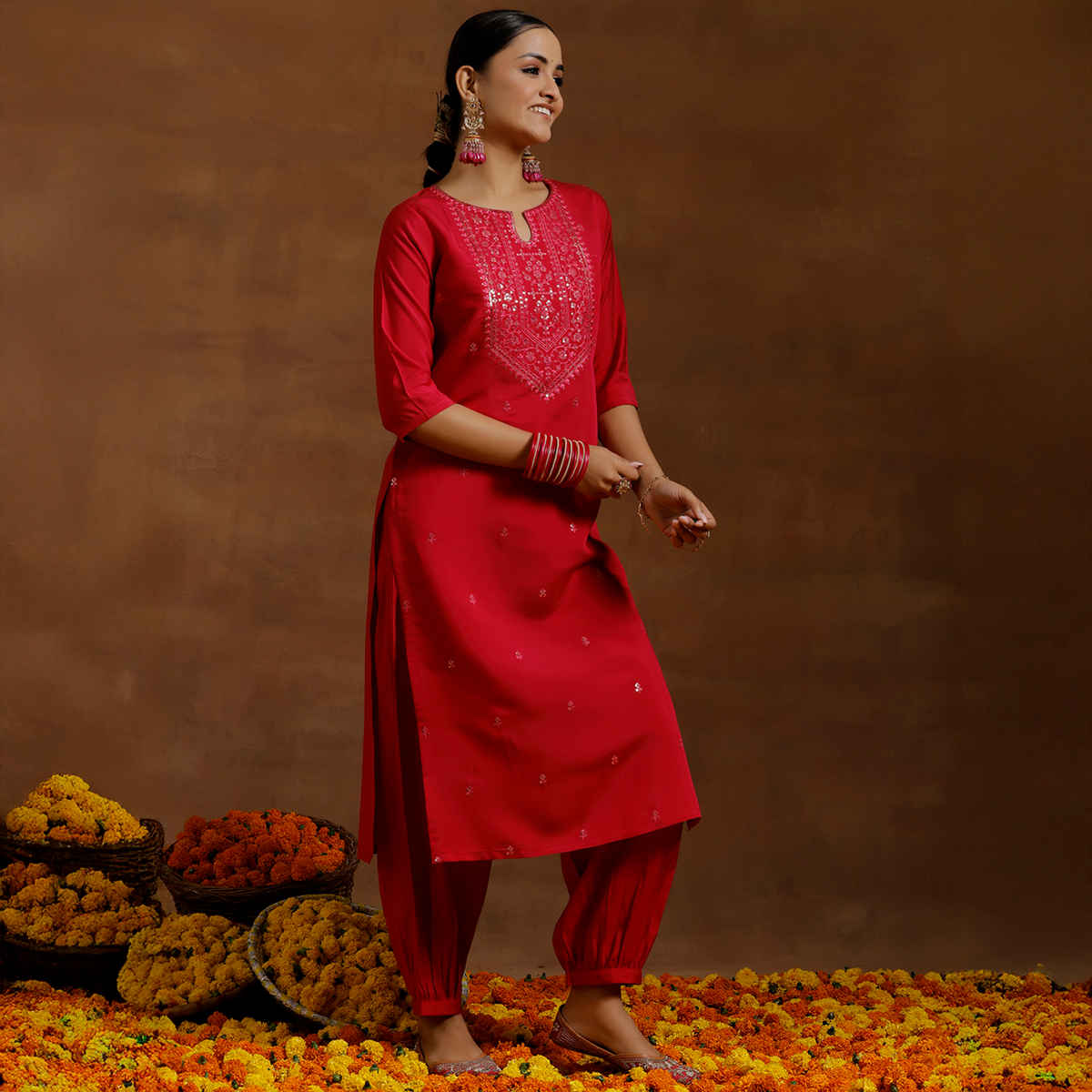 Libas Women's Embroidered Silk Blend Straight Suit with Dupatta | Pink - S