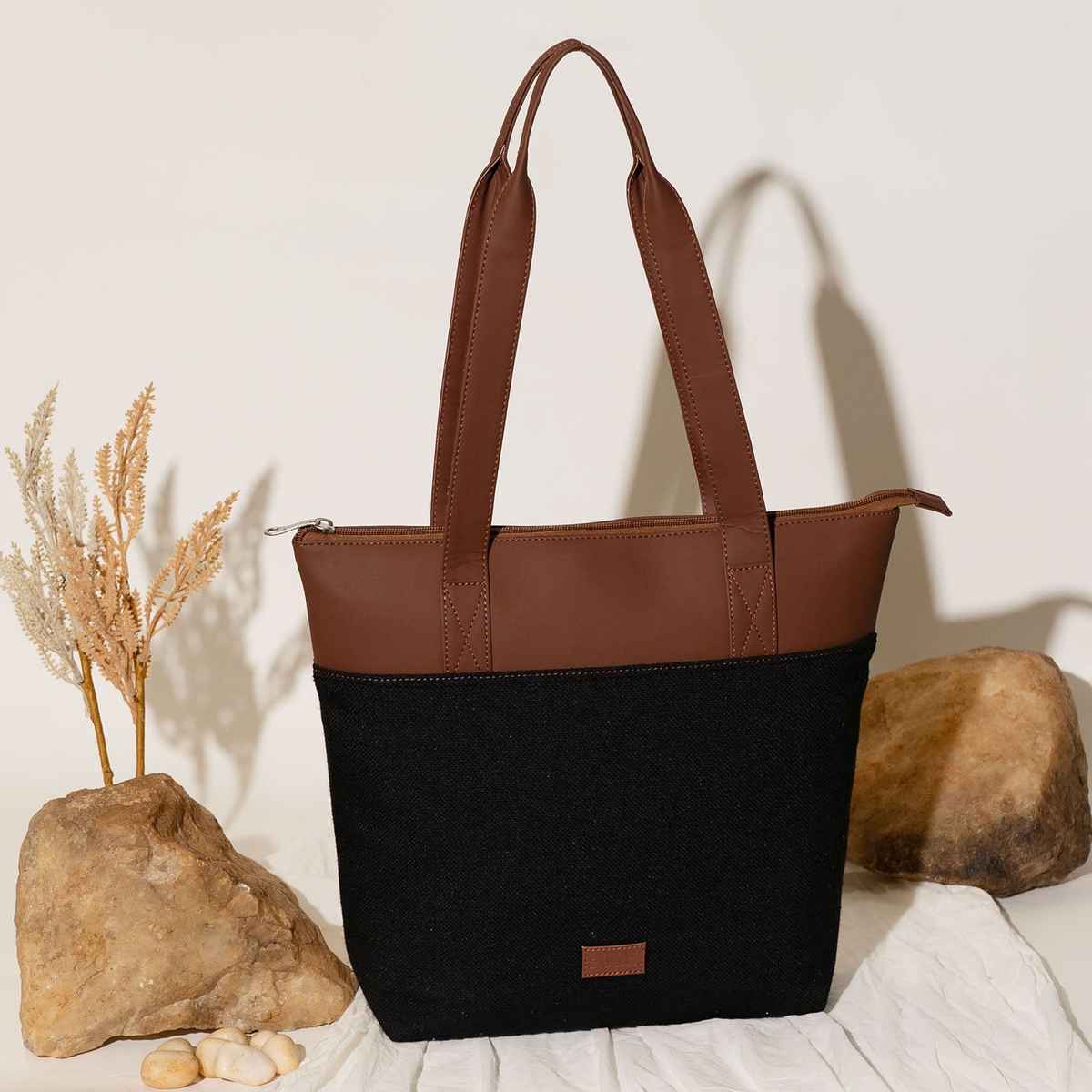 Zouk Women's Solid Vegan Leather 15.5 L Double Handle Tote Bag | Black - One Size