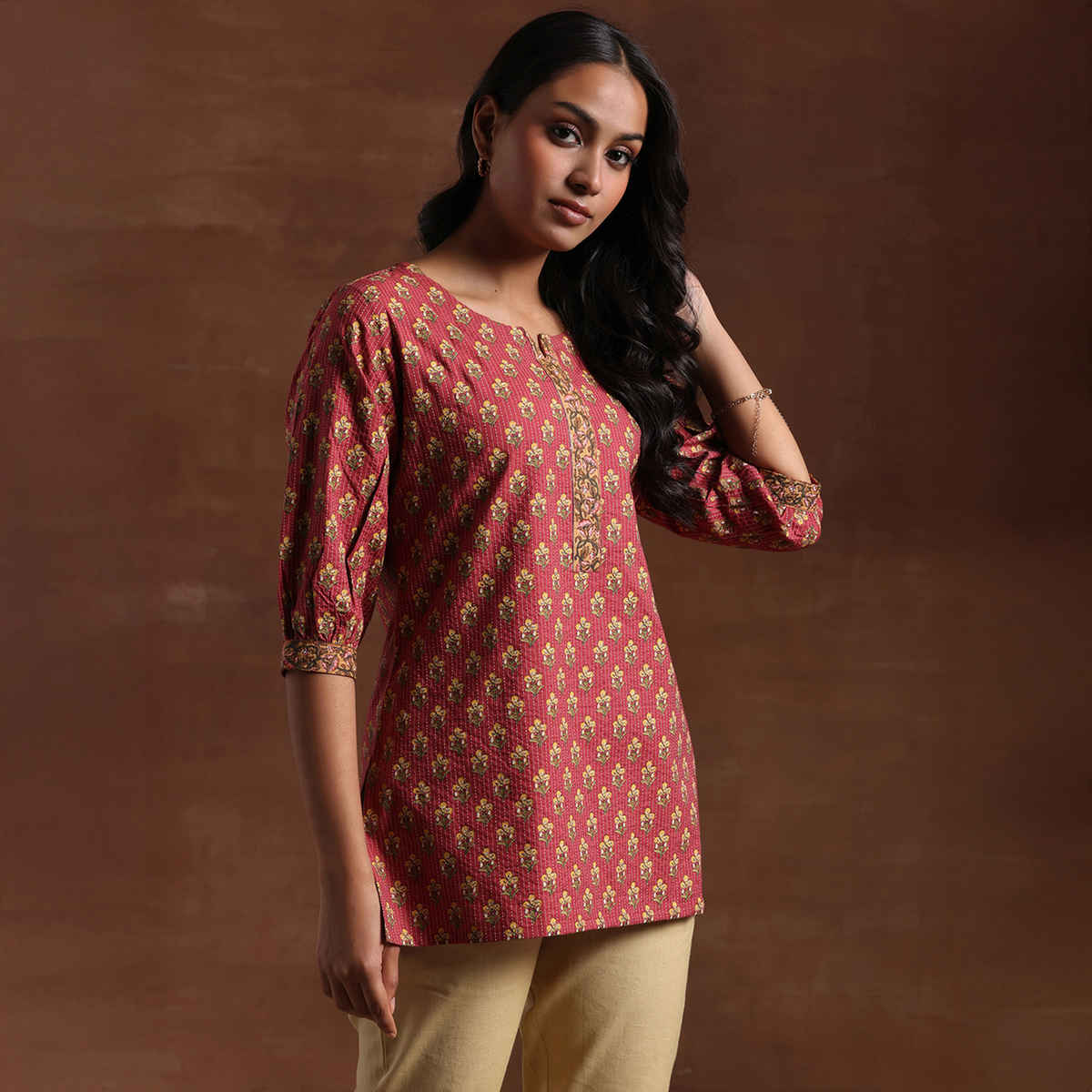 Libas Women's Printed Cotton Straight Kurti | Pink - L