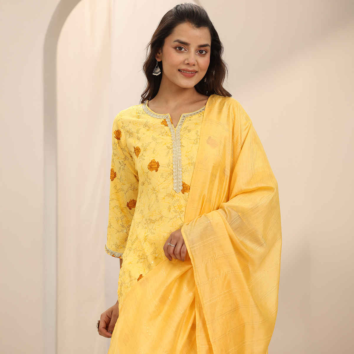 Libas Women's Printed Cotton Blend Straight Suit Set with Dupatta | Yellow - XL