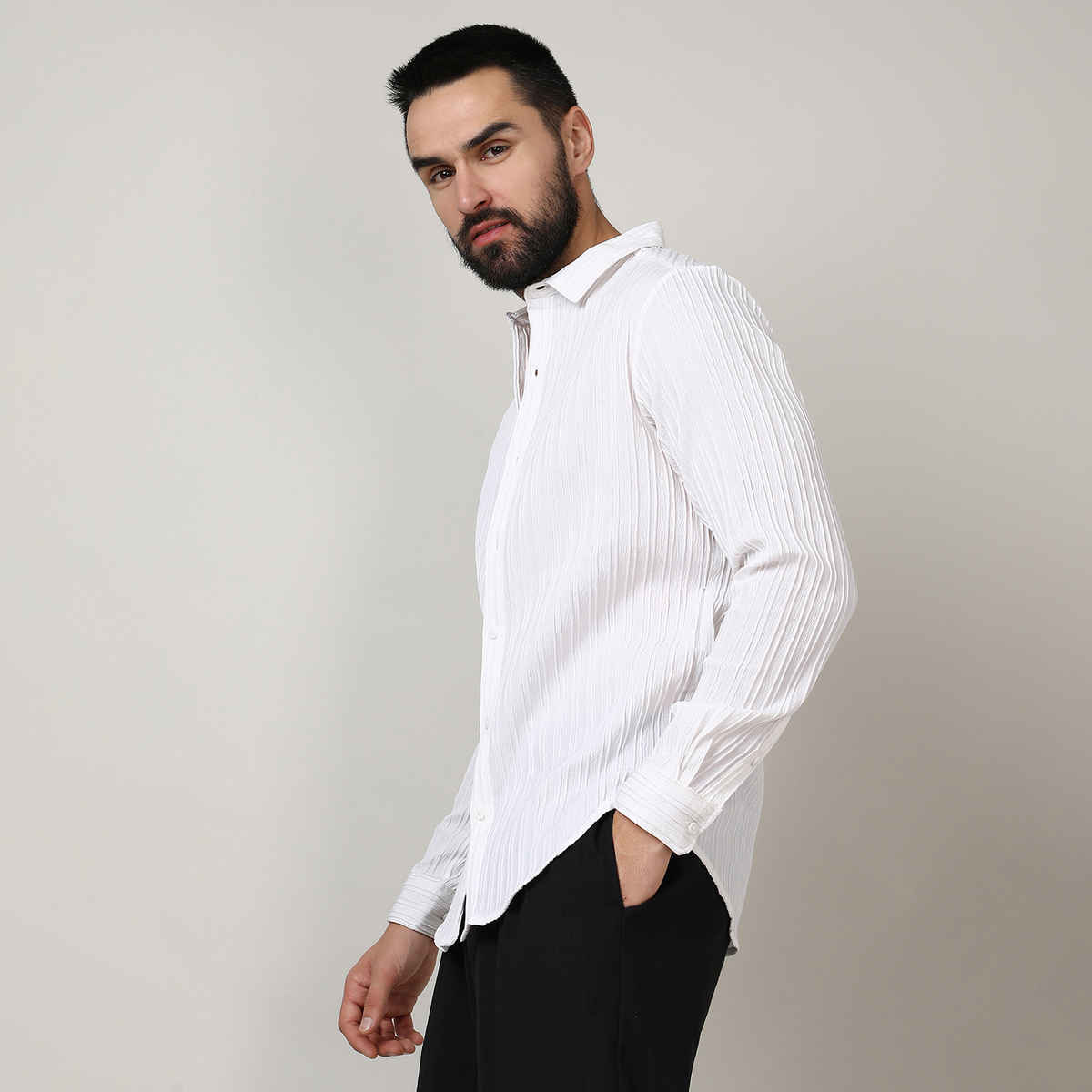 Campus Sutra Men's Self - Design Striped Shirt | White - L