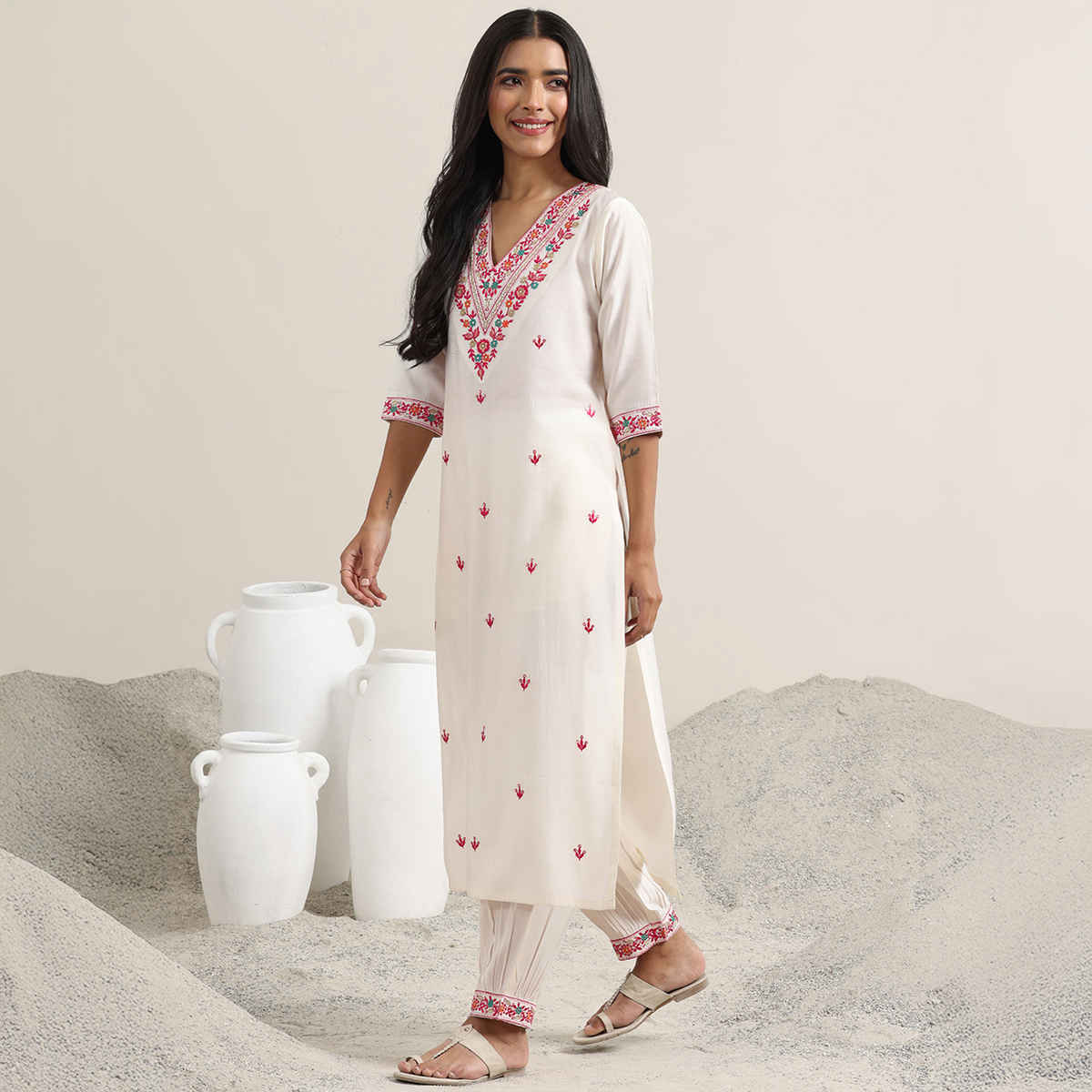 Libas Women's Embroidered Rayon Straight Suit with Dupatta | White - M