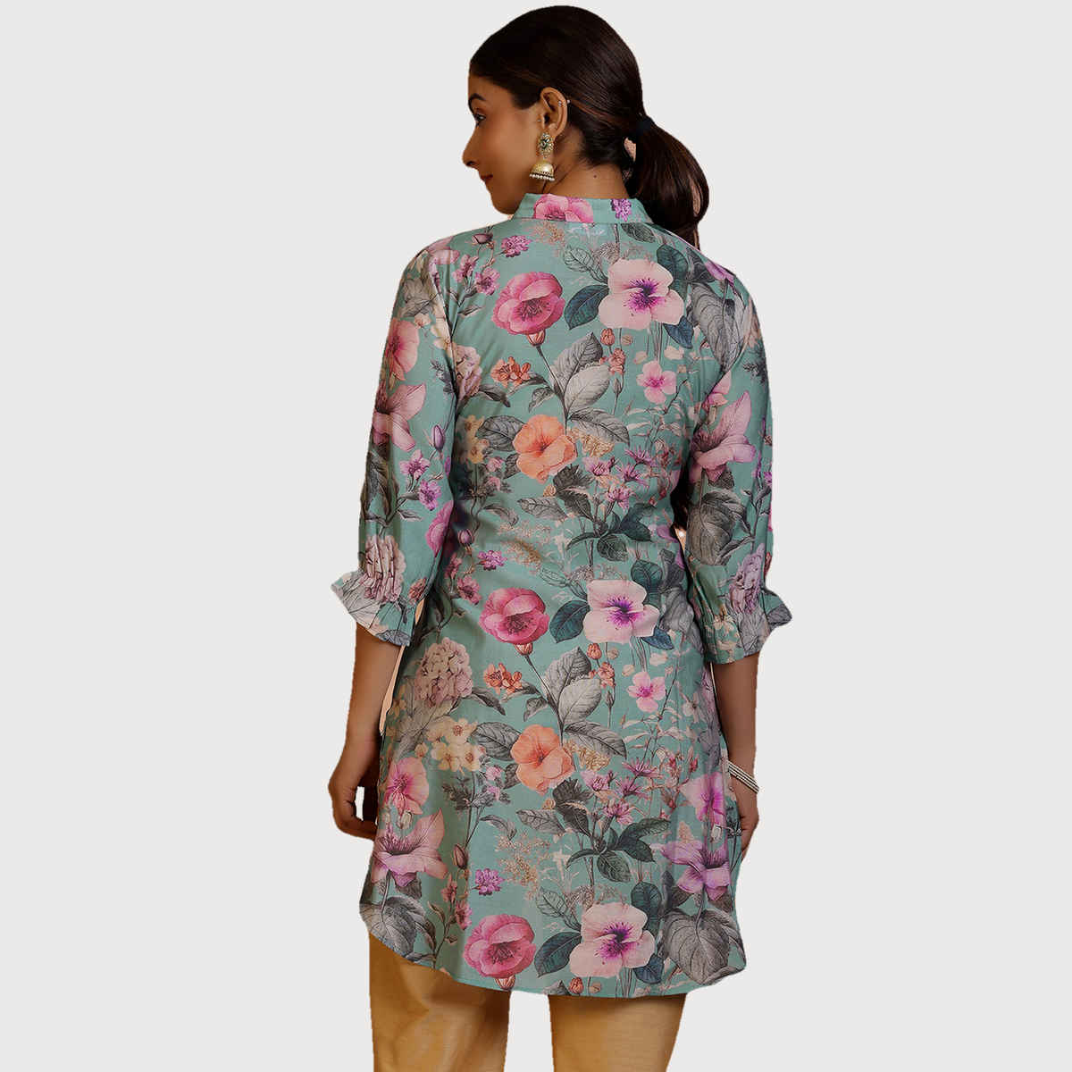 Libas Women's Green Printed Silk Blend Straight Kurti | Sea Green - M