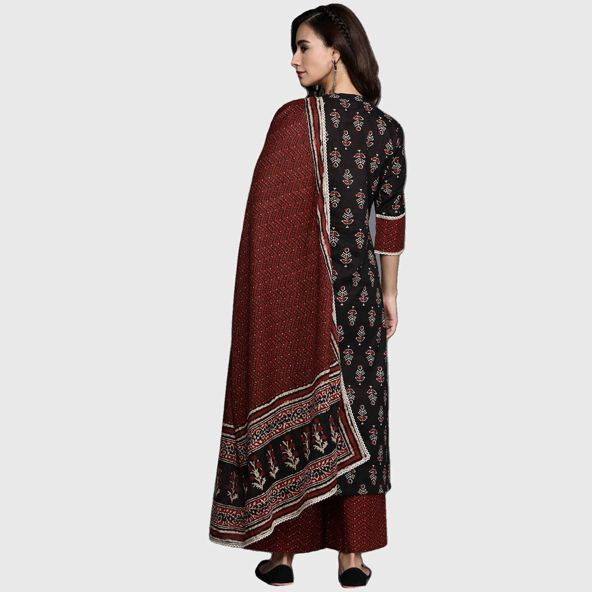 Libas Women Black Cotton Straight Kurta And Brown Cotton Palazzo With Dupatta - 20119Ol