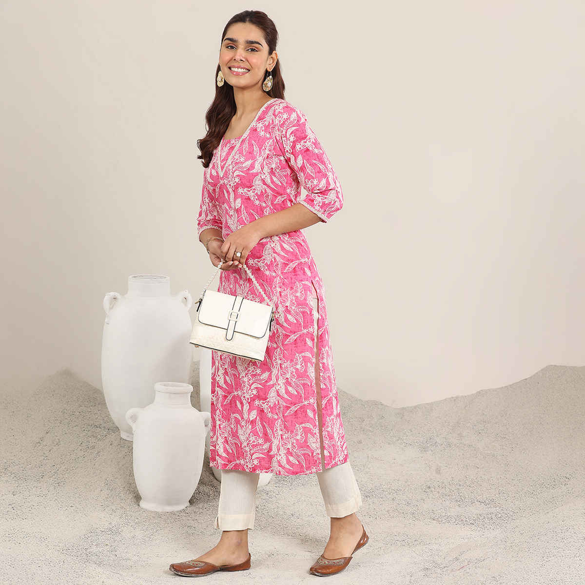 Libas Women's Printed Rayon Straight Kurta | Pink - L