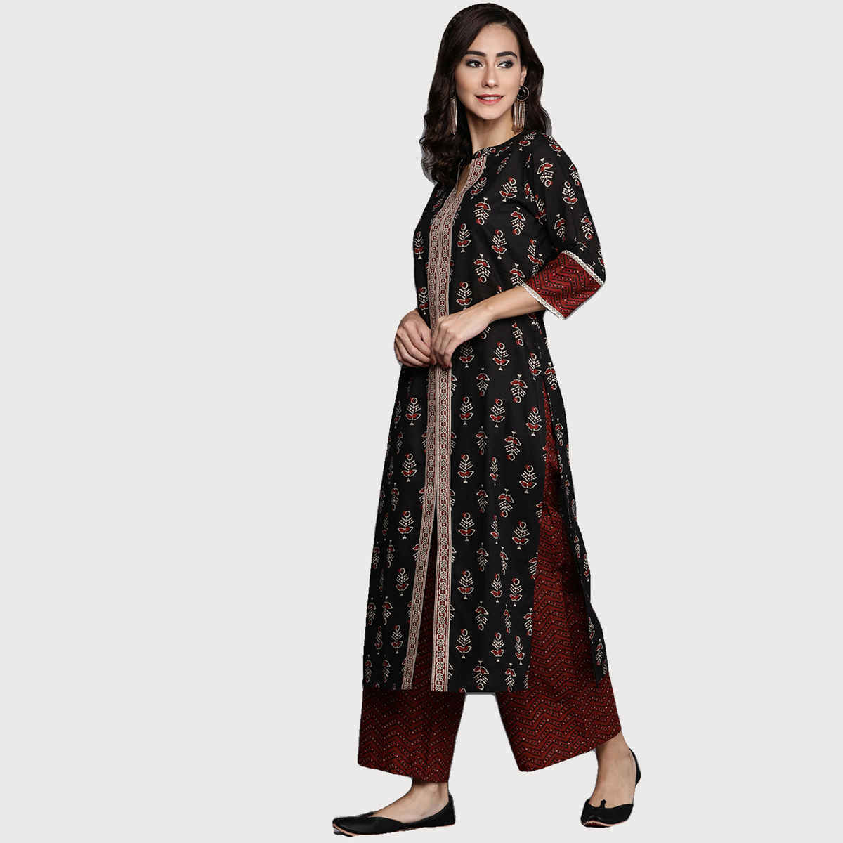 Libas Women Black Cotton Straight Kurta And Brown Cotton Palazzo With Dupatta - 20119Ol