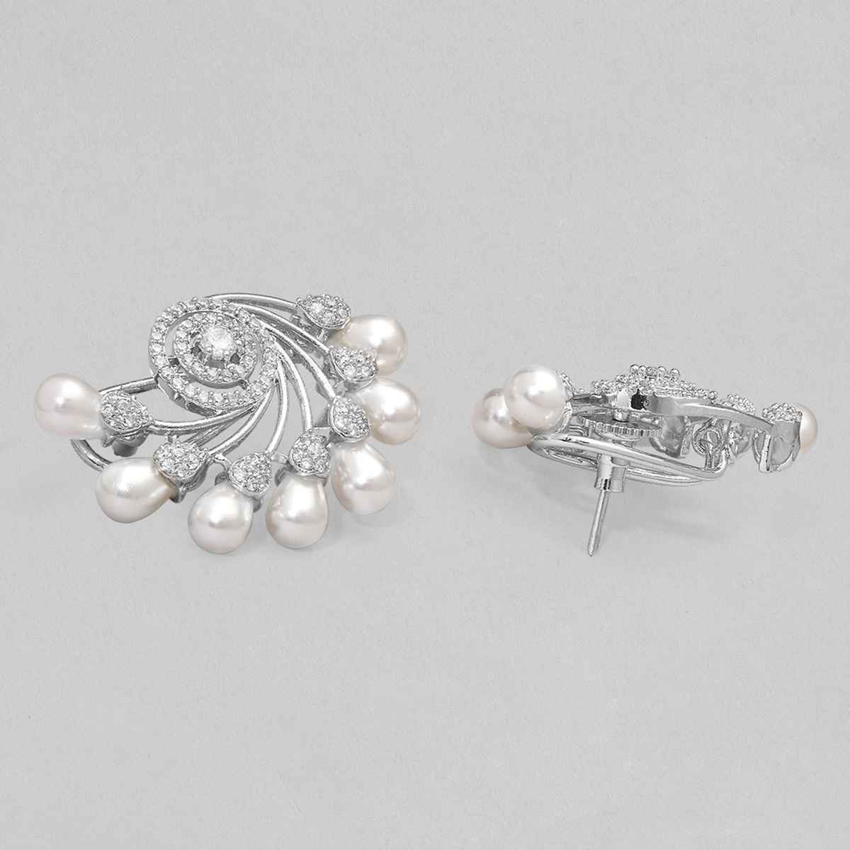 Rubans Silver-Plated Pearls and Cubic Zirconia Studded Oversized Premium Floral Stud Earring