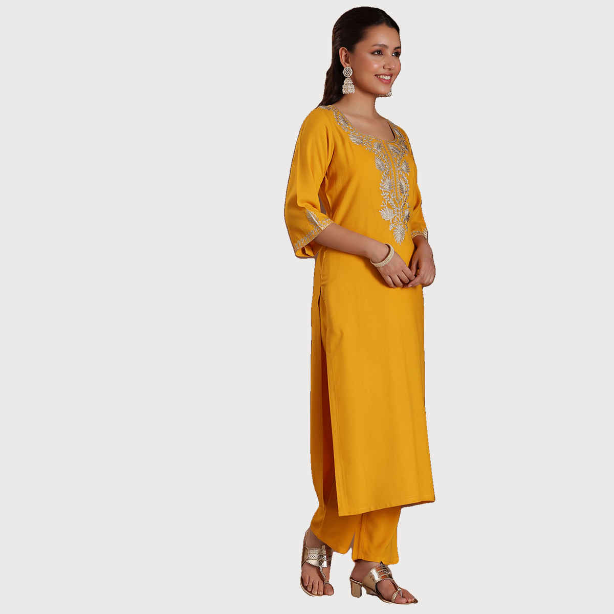Libas Women's Yoke Design Rayon Straight Suit with Dupatta | Mustard - S
