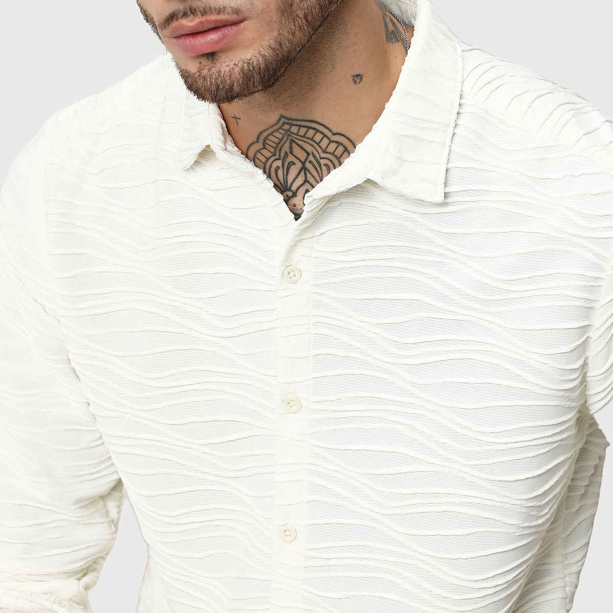 Campus Sutra Men's Self - Design Wave Shirt | White - L