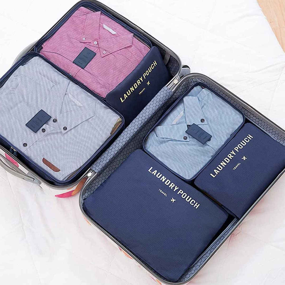 Awestuffs 6 pcs Luggage Compression Pouches, Laundry Bags and Digital Pouch | Navy Blue