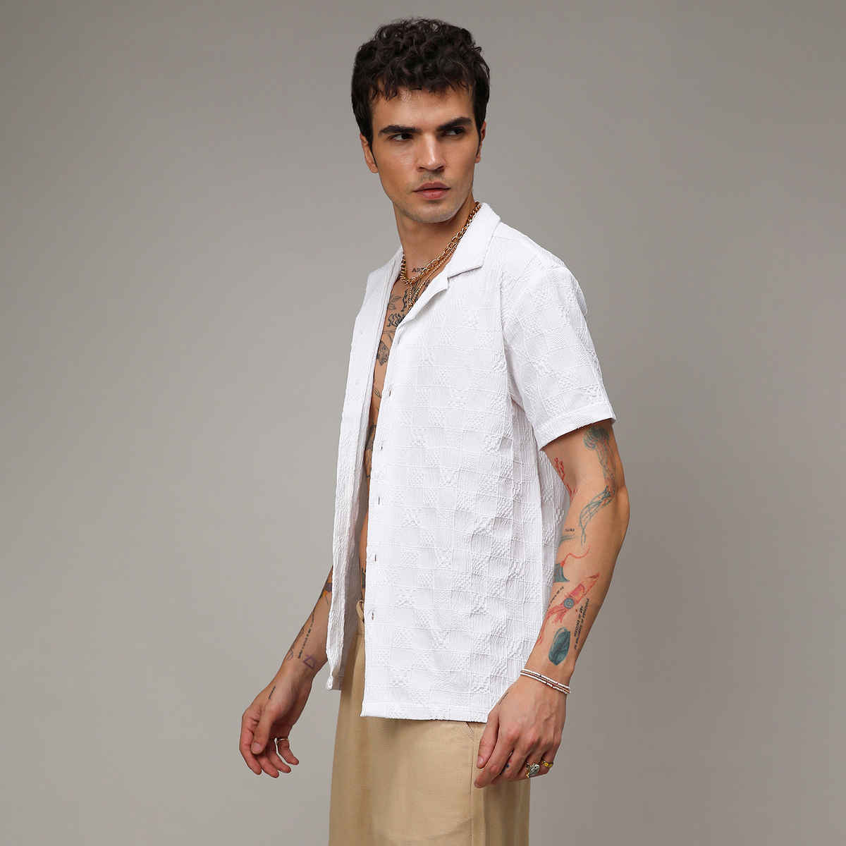 Campus Sutra Men's Creased Check Shirt | White - L
