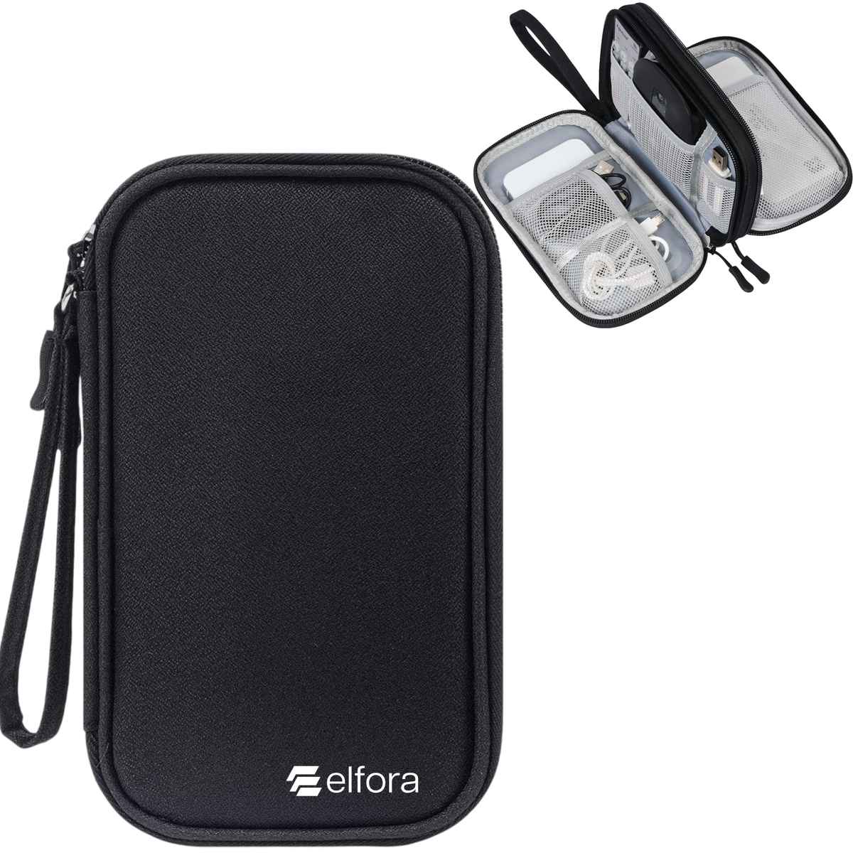 Elfora Big Cable Organizer Bag Double Layer Travel Storage | Black - 27 x 16 cm