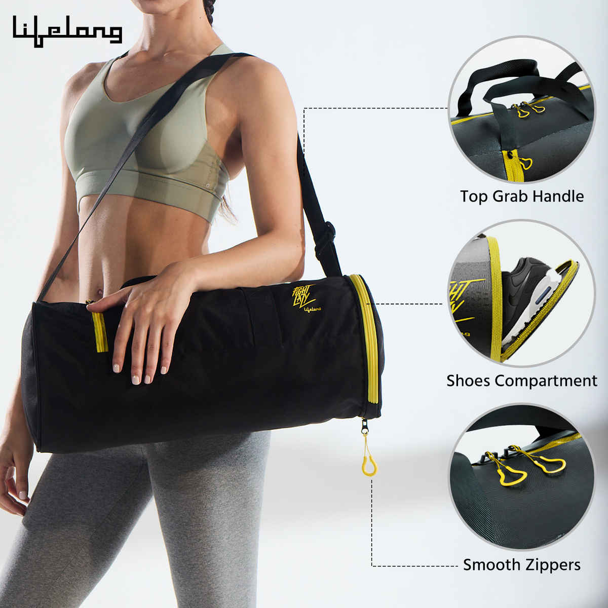 Lifelong Unisex Gym Bag with Adjustable Shoulder Strap | Black & Yellow