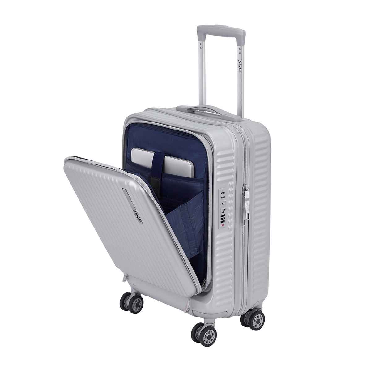 Safari Textured Polycarbonate 100 L Telescopic Hard Luggage | Silver - 55 cm