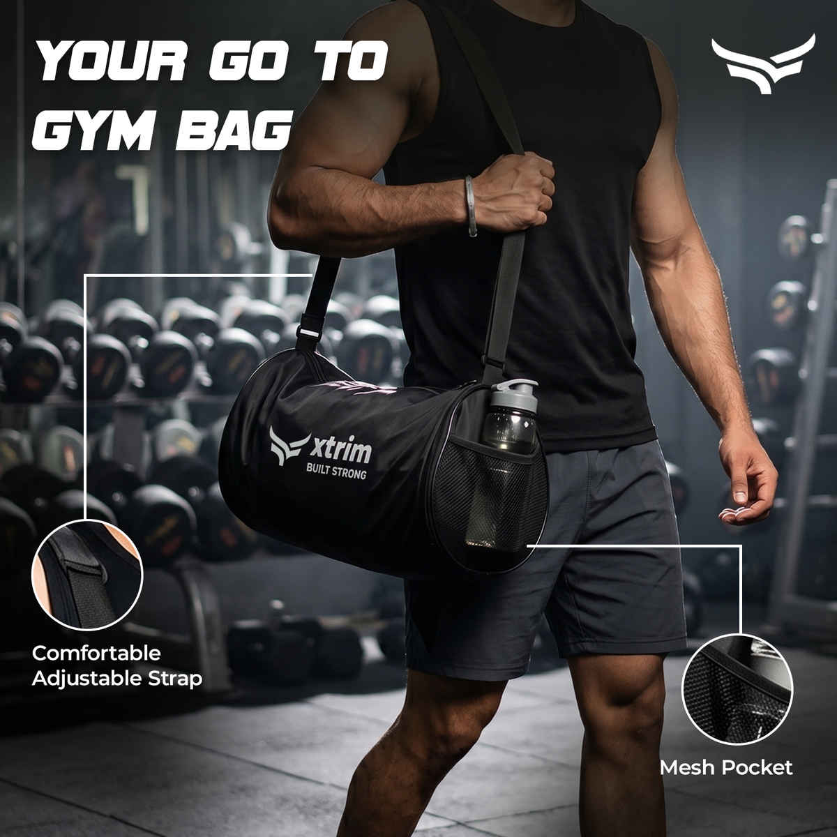 Xtrim Flex Duffle Bag 20L with Shoe Compartment for Men & Women | Gym, Travel & Sports Bag | Black