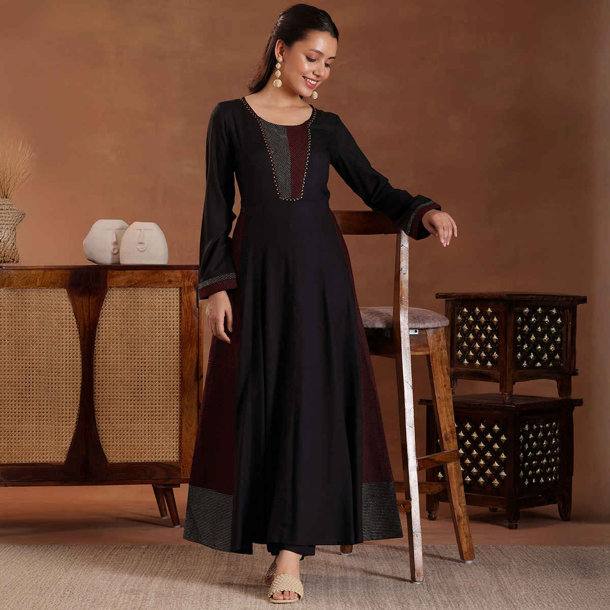 Libas Self Design Pure Viscose Rayon A-Line Kurta With Trousers | 27597H | Black - L