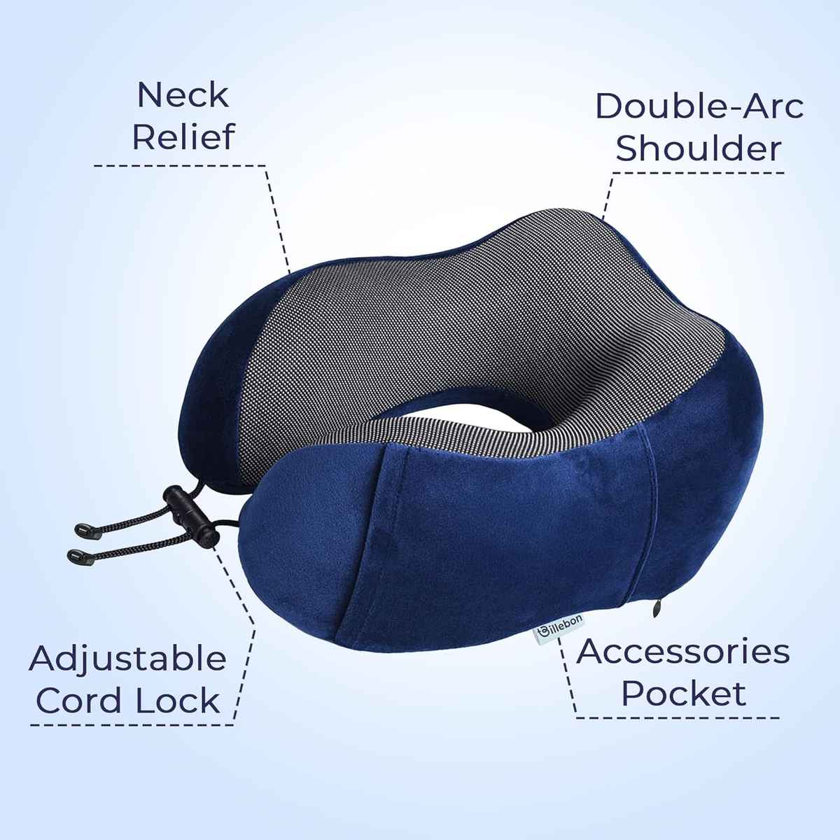 Billebon Unisex Memory Foam Neck Pillow with Eye Mask | Navy Blue - One Size