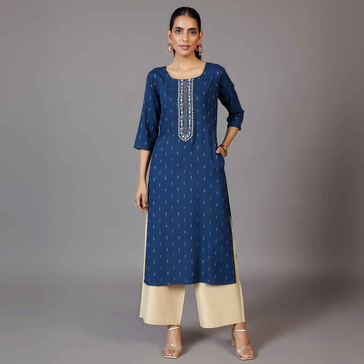 Libas Women's Woven Design Cotton Straight Kurta | Blue - L