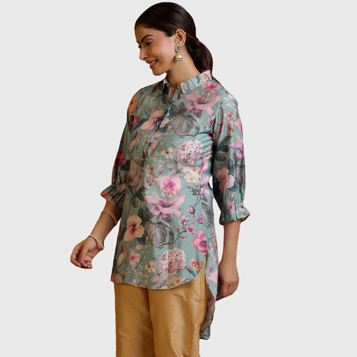 Libas Women's Green Printed Silk Blend Straight Kurti | Sea Green - M