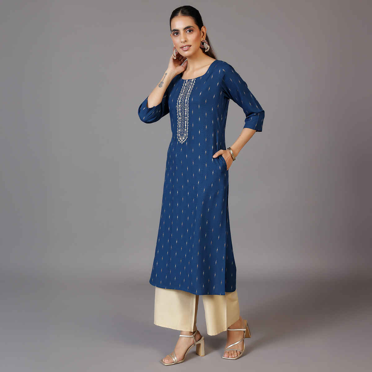 Libas Women's Woven Design Cotton Straight Kurta | Blue - L