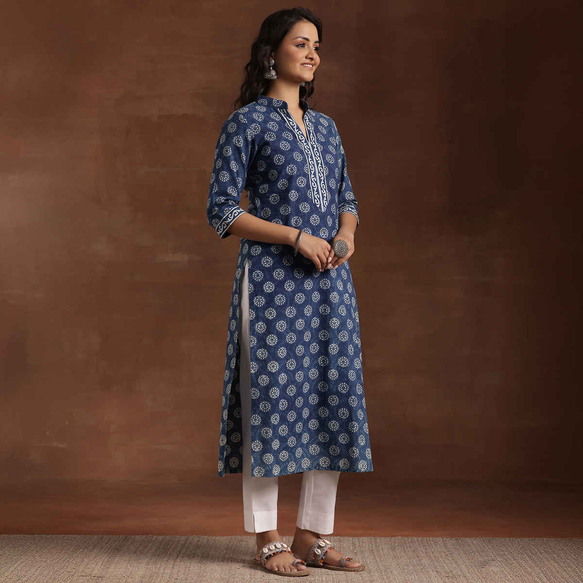 Libas Women's Printed Cotton Straight Kurta | Indigo - XL
