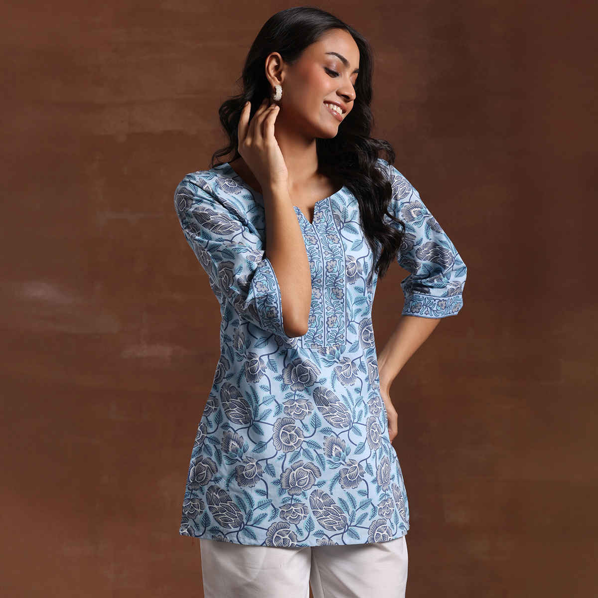 Libas Women's Printed Cotton Straight Kurti | Blue - XL