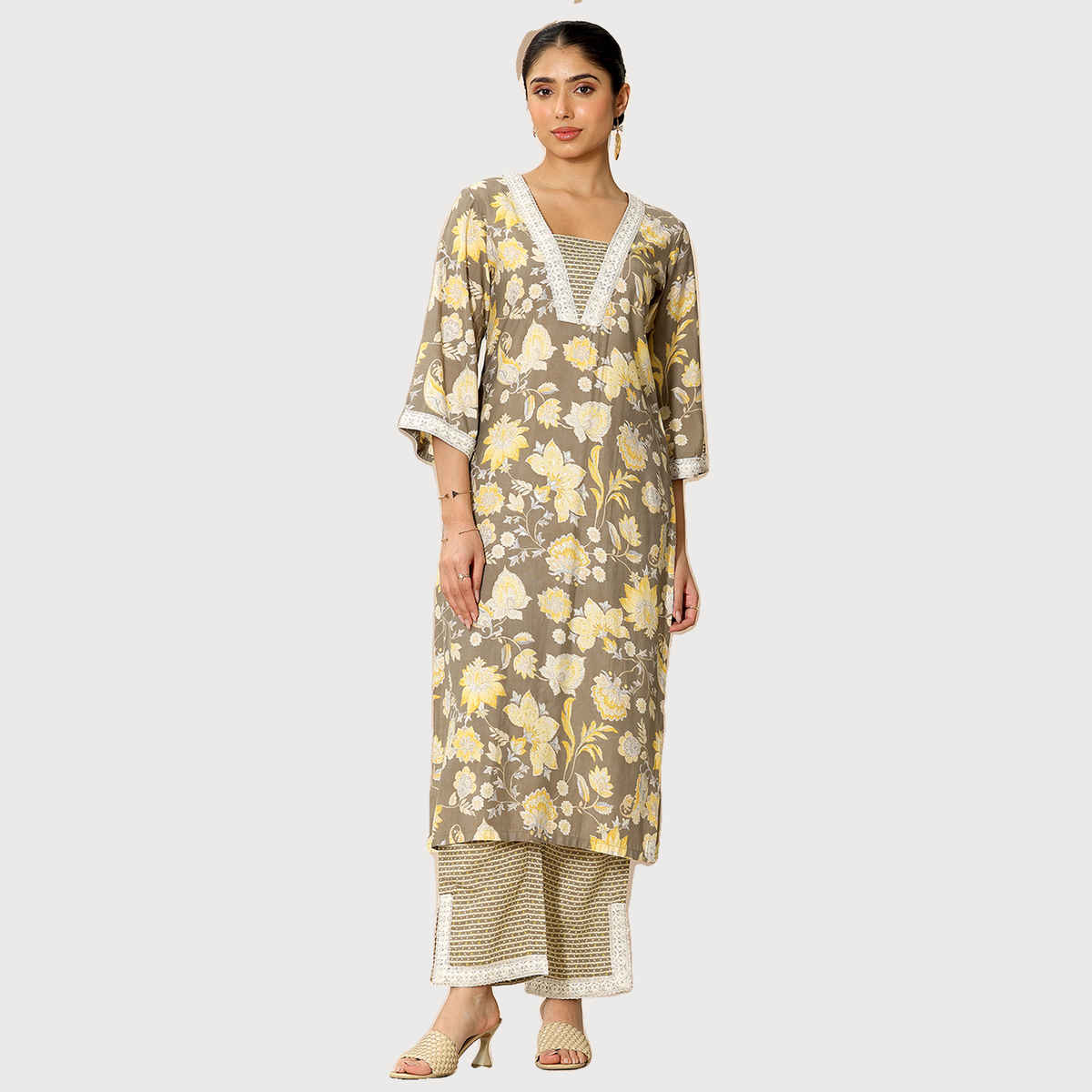 Libas Women's Printed Silk Blend Straight Kurta Set | Grey - M