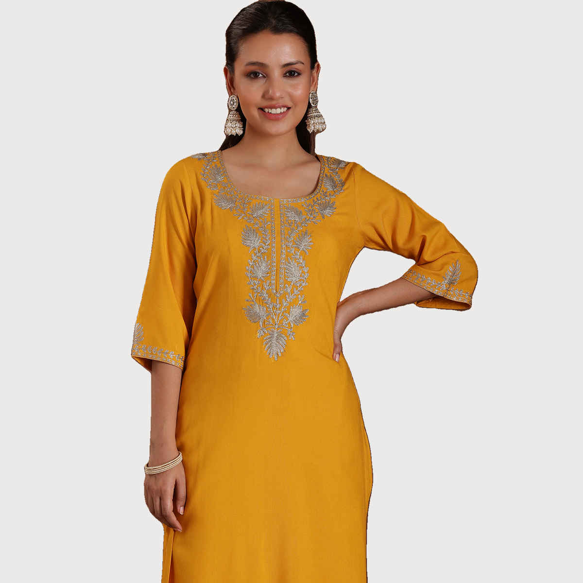Libas Women's Yoke Design Rayon Straight Suit with Dupatta | Mustard - S