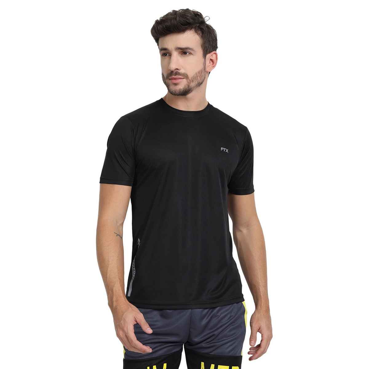 Ftx Men's Solid Round Neck Polyester Half Sleeve Casual T-shirt | Black | L