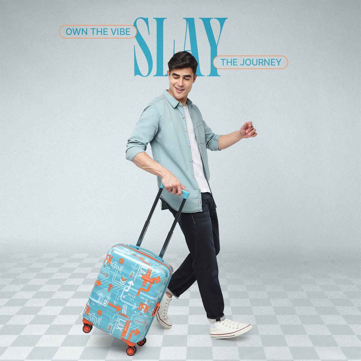 Uppercase Graphic Polycarbonate 59 L Telescopic Hard Luggage Trolley Bag | Teal Blue - S